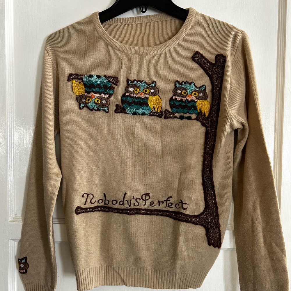 Owl Embroidered Beige Sweater